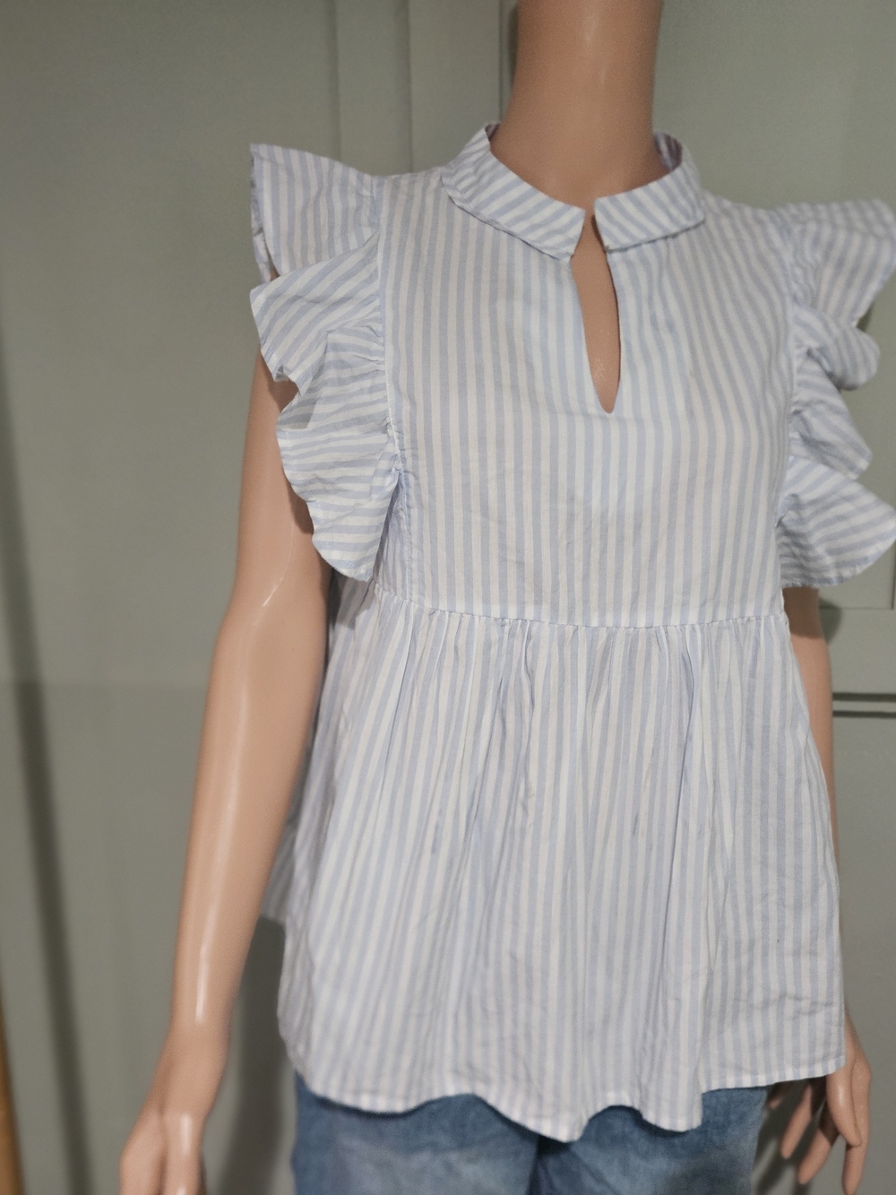 LaRoque Original Blue & White Stripe Ruffle Sleeve Babydoll Top – Size Medium - Picture 9 of 14